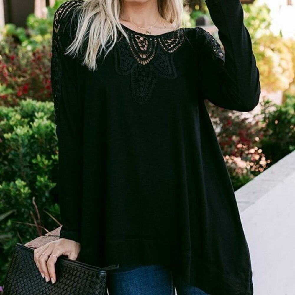 Black Crochet-Accent Long Sleeve Tunic